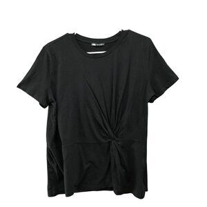 Zara T Shirt Womens L Black Crewneck Twist Front Cotton Short Sleeve